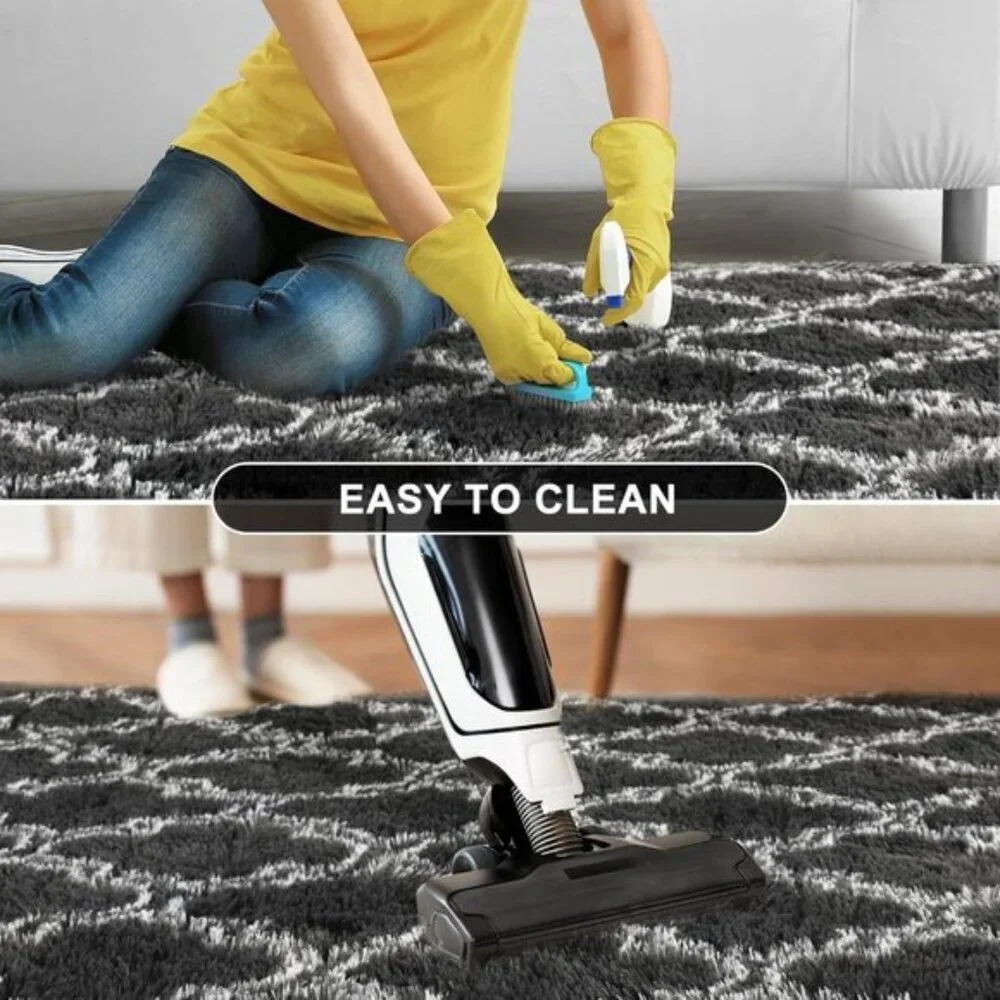 New 5x7 Shag Area Rug, Extra Soft High Pile Geometric Carpet in Dark Grey/White